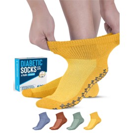 Doctor\'s Select Diabetic Socks with Grips - 4 Pair | Mustard, Green, Blue, Rust | Slipper Socks for Women & Men with Grippers | Size 6-9