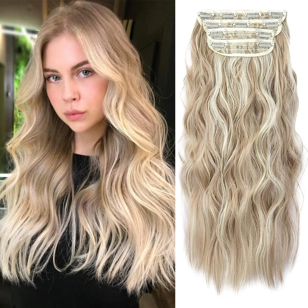Clip in Hair Extensions, 20 Inches Wavy Long Synthetic Hair Extensions Clip ins,Soft (Color:16H613)