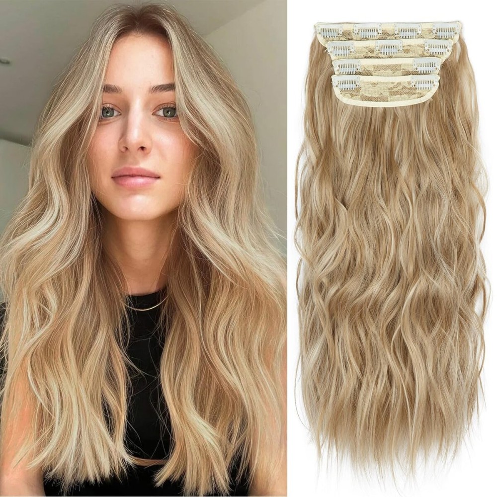 20 Inches Blonde Hair Extensions Clip ins, 4Pcs Curly Synthetic Clip in Hair Extensions (Color: Dark Blonde with Bleach Blonde Highlights)