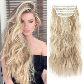 20 Inches Hair Extensions Clip ins, Curly Soft Synthetic Clip in Hair Extensions for Women and Girls (Color: Blonde with Beige Blonde Highlights)
