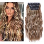 Clip in Hair Extensions, 20 Inches Wavy Long Synthetic Hair Extensions Clip ins, Soft (Color: Red Brown with Beige Blonde Highlights)