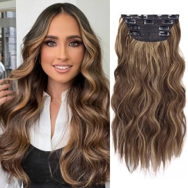 4Pcs Clip in Hair Extensions, 20 Inches Long Synthetic Curly Hair Extensions Clip ins for Women Girls (Color: Medium Brown with Honey Blonde Highlights)