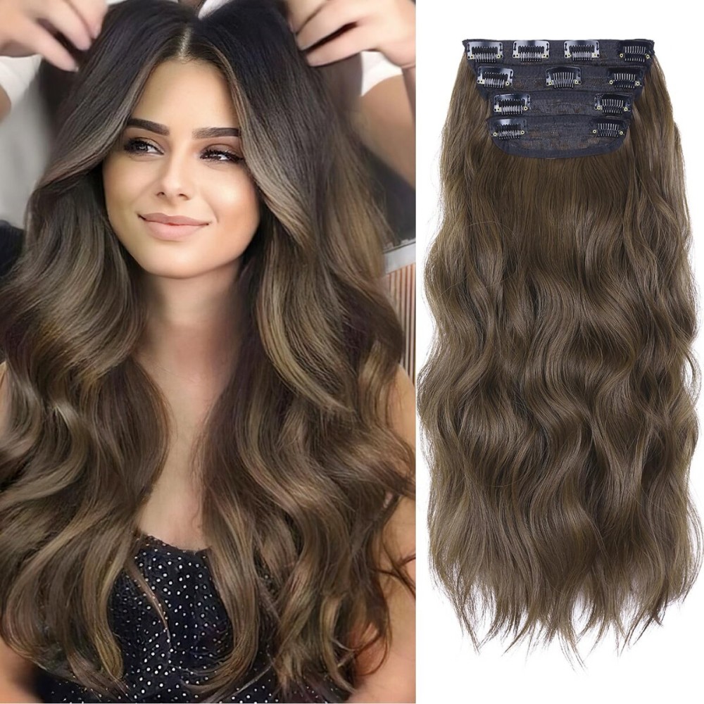 4Pcs Synthetic Clip in Hair Extensions, 20 Inches Long Curly Hair Extensions Clip ins (Color:Medium Brown)