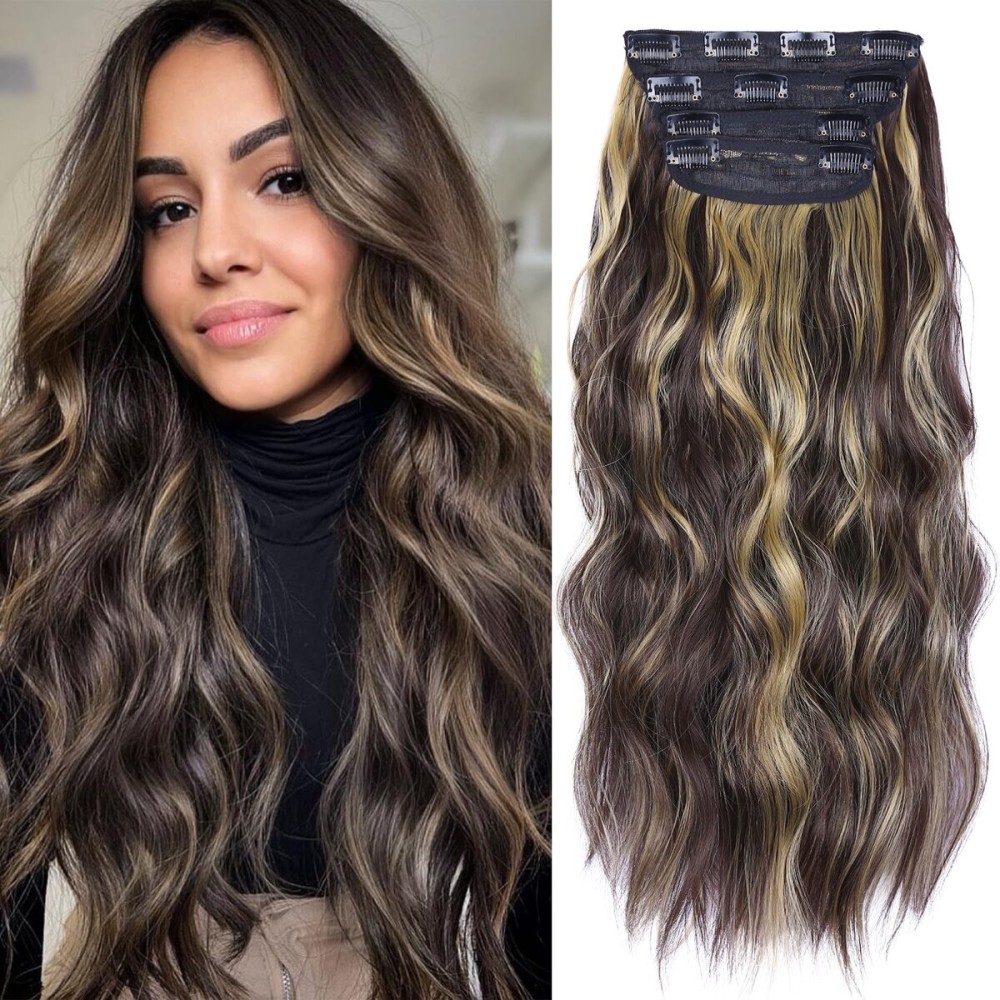 Clip in Hair Extensions, 20 Inches Wavy Synthetic Hair Extensions Clip ins, Long and Soft, for Women and Girls (Medium Brown Mixed Bleach Blonde)