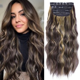 Clip in Hair Extensions, 20 Inches Wavy Synthetic Hair Extensions Clip ins, Long and Soft, for Women and Girls (Medium Brown Mixed Bleach Blonde)