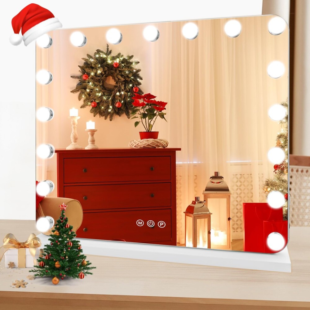 SLIMOON Hollywood Vanity Mirror with Lights, Lighted Makeup Mirror with Detachable 10X Magnification Mirror, 3 Colors, 360Rotation Rechargeable Desk Makeup Mirror with Lights White