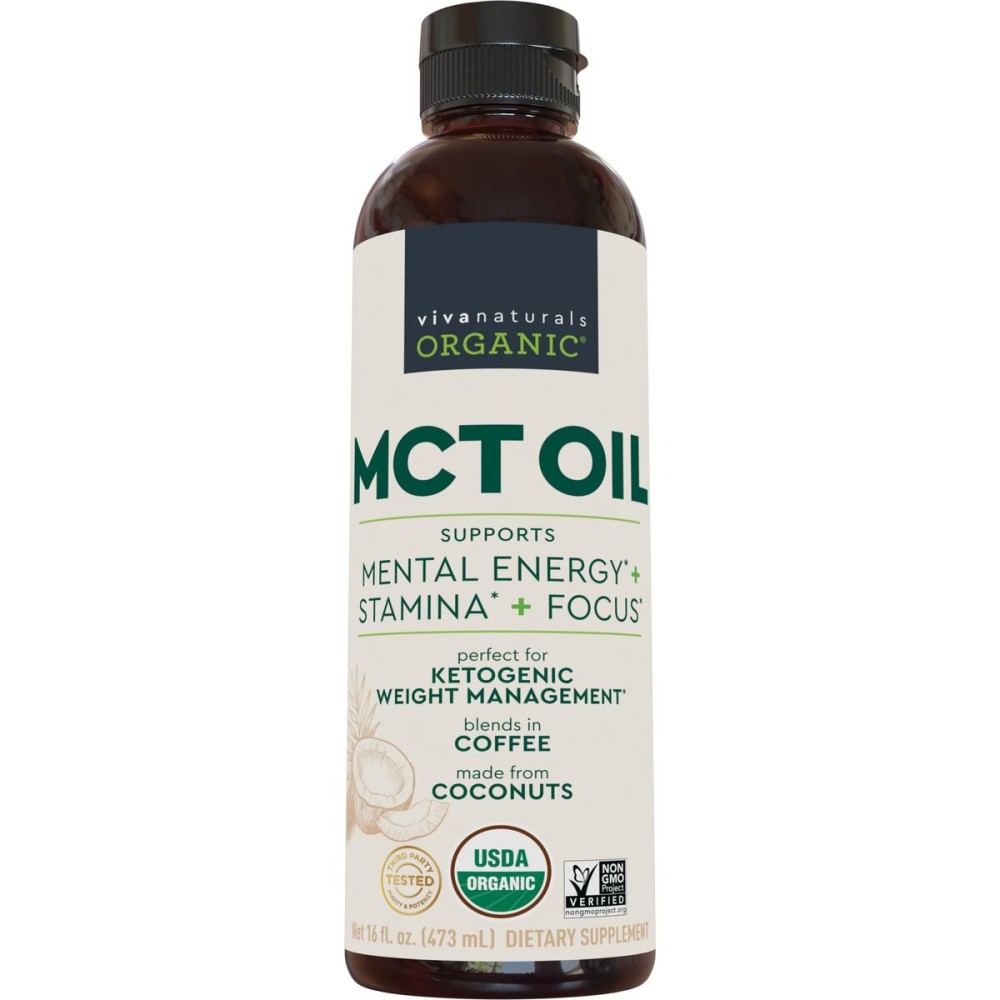 Viva Naturals Organic MCT Oil, 16 fl oz - MCT Oil for Coffee, USDA Organic, Non-GMO, Paleo Certified & Keto Friendly, Supports Energy & Mental Clarity