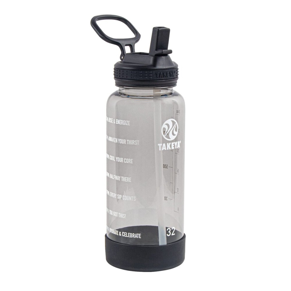 Takeya Tritan 32 oz Motivational Water Bottle with Straw Lid - Durable, BPA-Free - With Time Marker - Leakproof & Non-Slip Bumper - Stormy Black