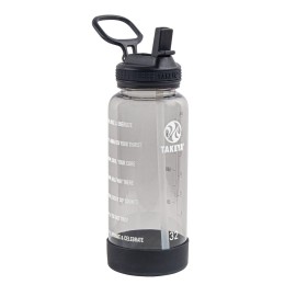 Takeya Tritan 32 oz Motivational Water Bottle with Straw Lid - Durable, BPA-Free - With Time Marker - Leakproof & Non-Slip Bumper - Stormy Black
