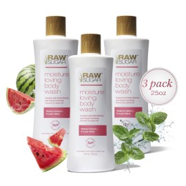 RAW SUGAR Moisture Loving Body Wash - Watermelon + Fresh Mint, Moisturizing & Refreshing Bath & Shower Gel, Sulfate-Free, Paraben-Free & Vegan (Pack of 3)