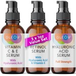 GLEOW Retinol Serum for Face, Vitamin C with Hyaluronic Acid Face Serum for Women and Men, Glow Skin Care Set Total Package Targets Appearance of Uneven Skin Tone and Dryness 3x1oz