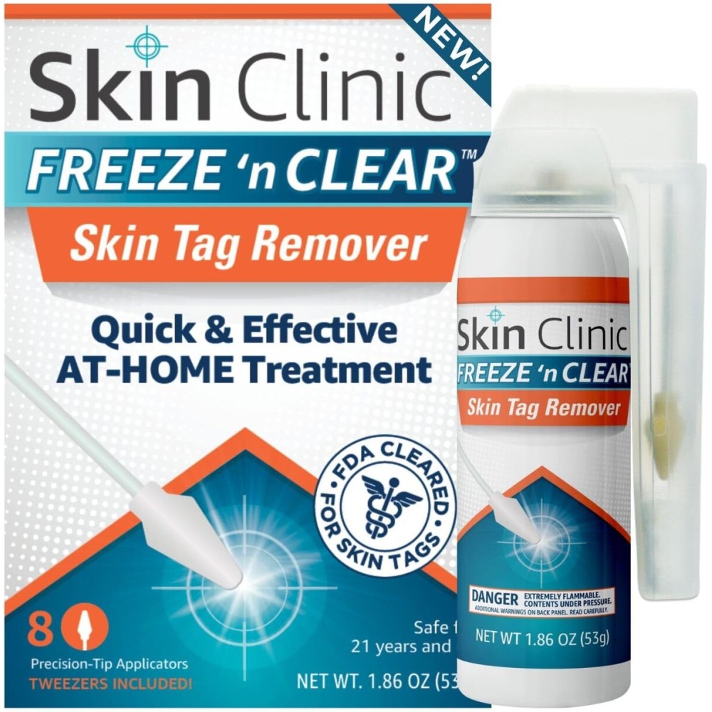 Skin Clinic Freeze \'n Clear Skin Tag Remover - Cryogenic Kit with 8 Precision-Tip Applicators + Tweezers - FDA-Cleared Freezing Skin Tag Treatment Solution for Adults