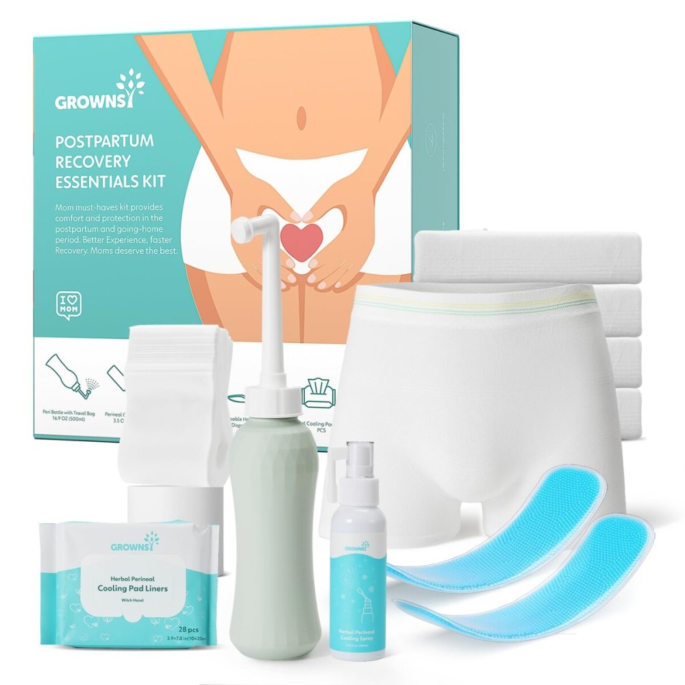 Grownsy Postpartum Essentials Recovery Kit for Labor & Delivery | Postpartum Kit for Women | Includes Upside Down Peri Bottle, Perineal Spray, 28 Cooling Pad Liners,2 Ice Packs &4 Disposable Underwear