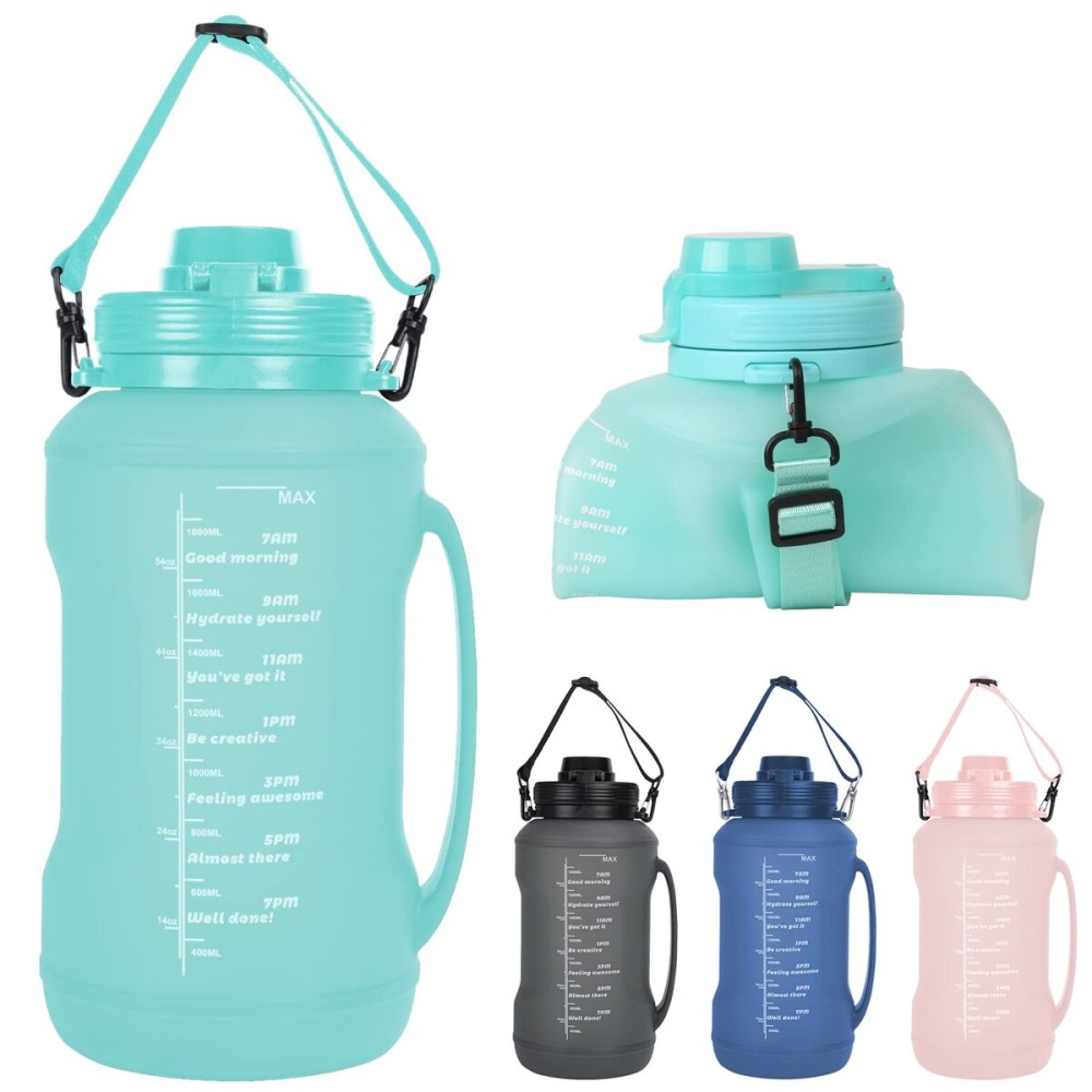 Collapsible Water Bottles, 2L/64OZ travel water bottle Bottle with Straw, Half Gallon Large Water Bottle for Travel Outdoor Sports Runing Fitness Yoga (Upgraded Snow Cyan)