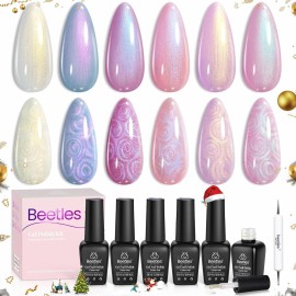 Beetles Pearl Gel Nail Polish, 6 Colors Shimmer Pearl White Pink Purple Mermaid Nail Drawing Gel Polish Soak Off Uv Gel Polish Swirl Shell Thread Effect DIY Manicure Gift for Women
