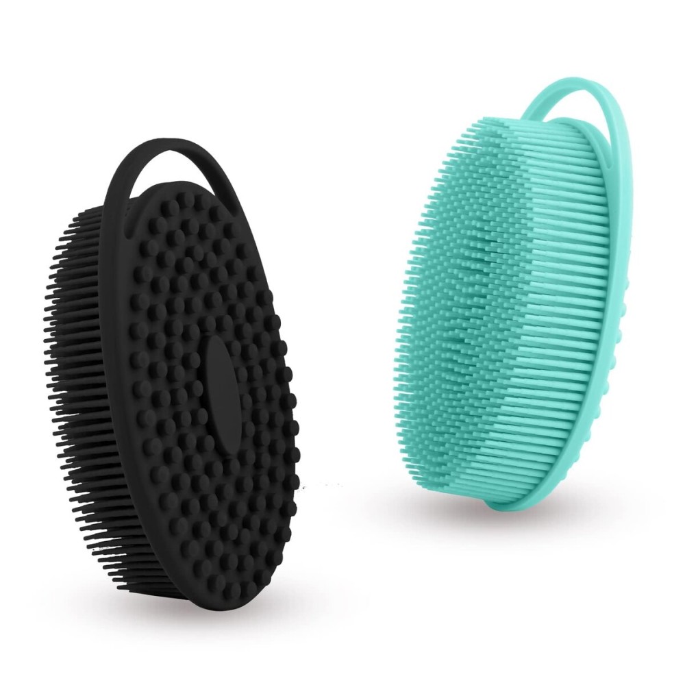 Soft Silicone Body Scrubber 2 PCS Silicone Body Shower, Silicone Loofah 2 in 1 Bath and Shampoo Brush, Body Scrubber Shower Cleaning Exfoliating Use for Sensitive Skin, Lather Well(Black and Green)