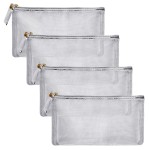 HRX Package Nylon Mesh Cosmetic Zipper Bags, Metallic Silver Makeup Pouches Travel Organizer Case for Purse Diaper Bag (4PCS)