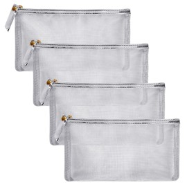HRX Package Nylon Mesh Cosmetic Zipper Bags, Metallic Silver Makeup Pouches Travel Organizer Case for Purse Diaper Bag (4PCS)