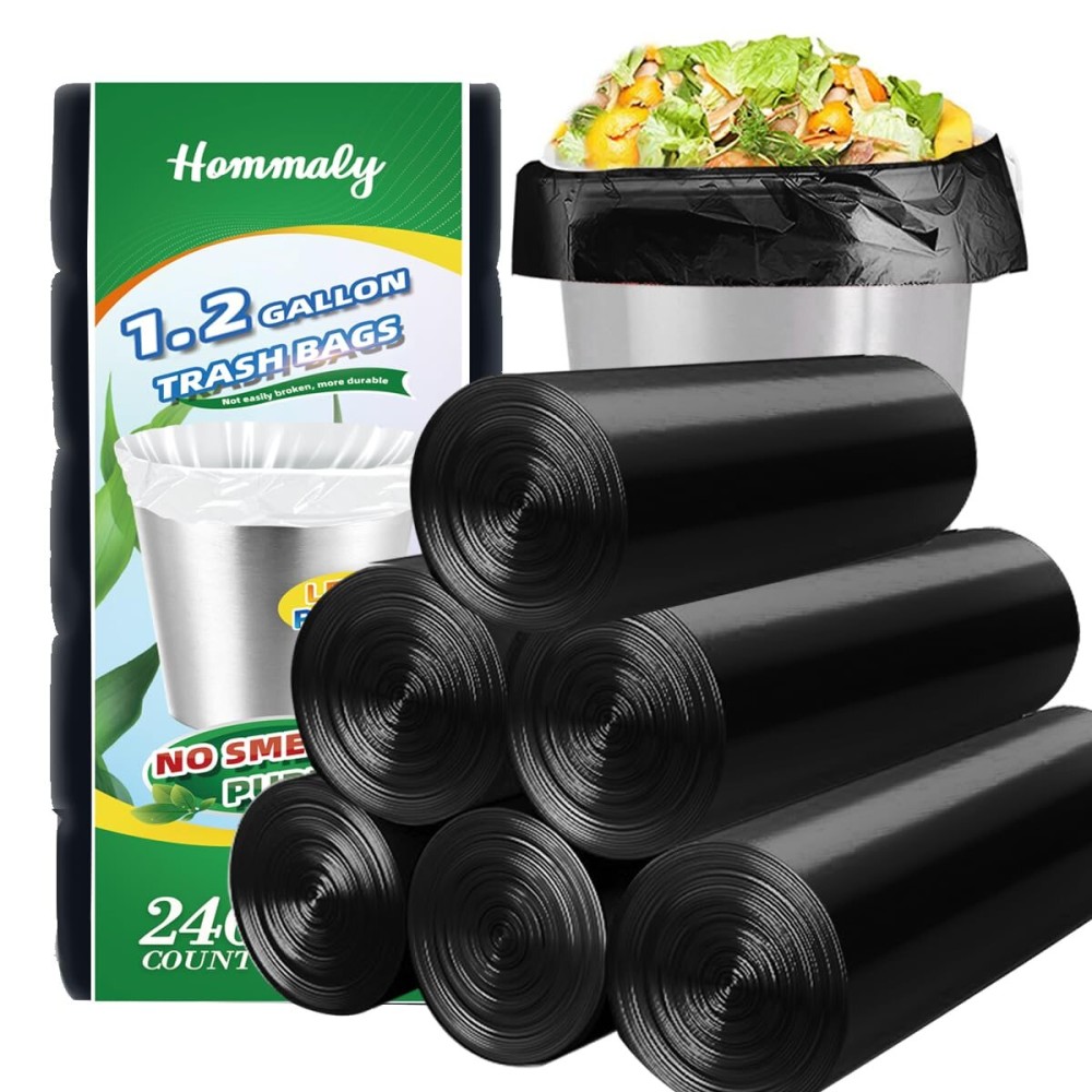 Hommaly 1.2 Gallon 240 pcs Small Black Trash Bags, Strong Garbage Bags, Bathroom Trash Can Bin Liners Unscented, Mini Plastic Bags for Office, Waste Basket Liner, Fit 4.5,5,6 Liters, 0.5,0.8,1,1.2 Gal