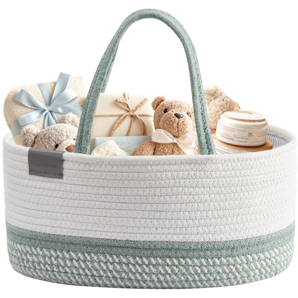 DECOMOMO Baby Caddy Organizer, Diaper Caddy Basket, Baby Baskets for Baby Shower (Sage Green & White, Large)