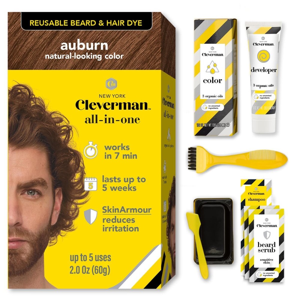 CLEVERMAN Auburn Hair & Beard Dye for Men - All-in-One Reusable Kit, Fast-Acting, Long Lasting, Ammonia-Free, Professional Quality for Hair, Beard & Gray Mustache - Semi-Permanent Extended