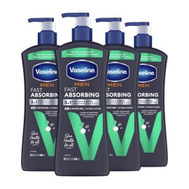 Vaseline Men Fast Absorbing 3-in-1 Face, Hands & Body Lotion for Men, 4 pack For Dry Skin,Absorbs in Just 15 Seconds for Moisturized Skin 20.3 Oz