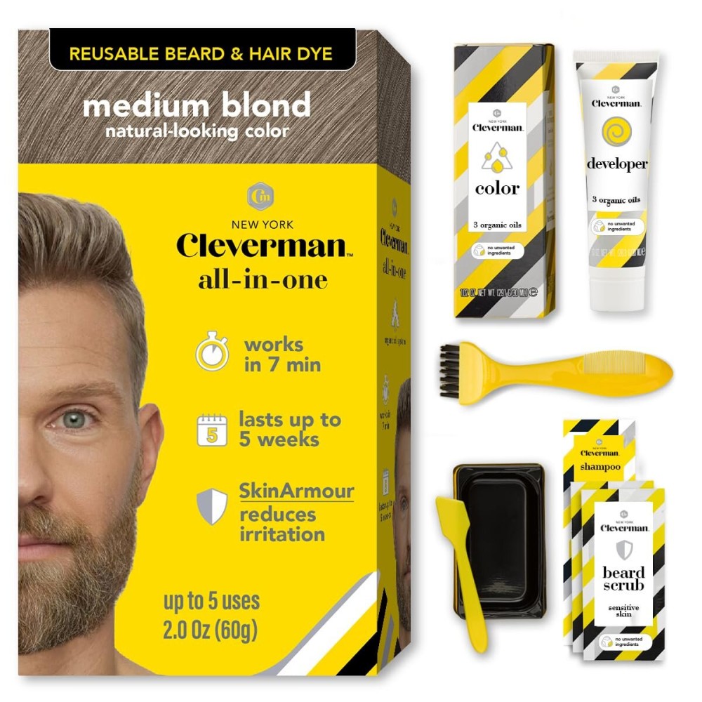 Cleverman Medium Blond All-in-One Reusable Kit for Men\'s Natural-Looking Gray Coverage - Professional-Quality Hair, Beard & Mustache Color, Ammonia-Free