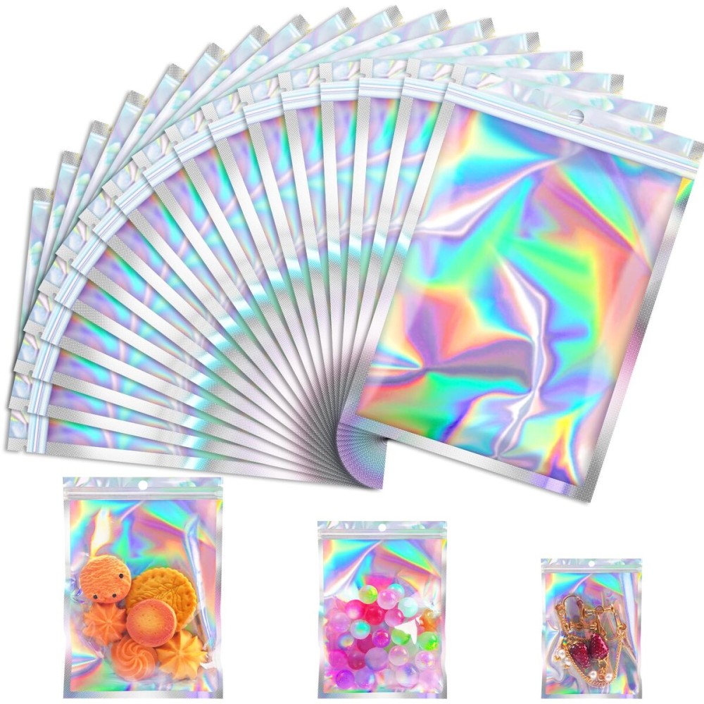 JETMORE 100 Pcs Mylar Bags, Holographic Bags, Resealable Bag for Small Business, Packaging, Sample Bag for Pen, Gift, Jewelry, Snack, Bracelets, Mothers Day Gifts (5.5x7.9in)