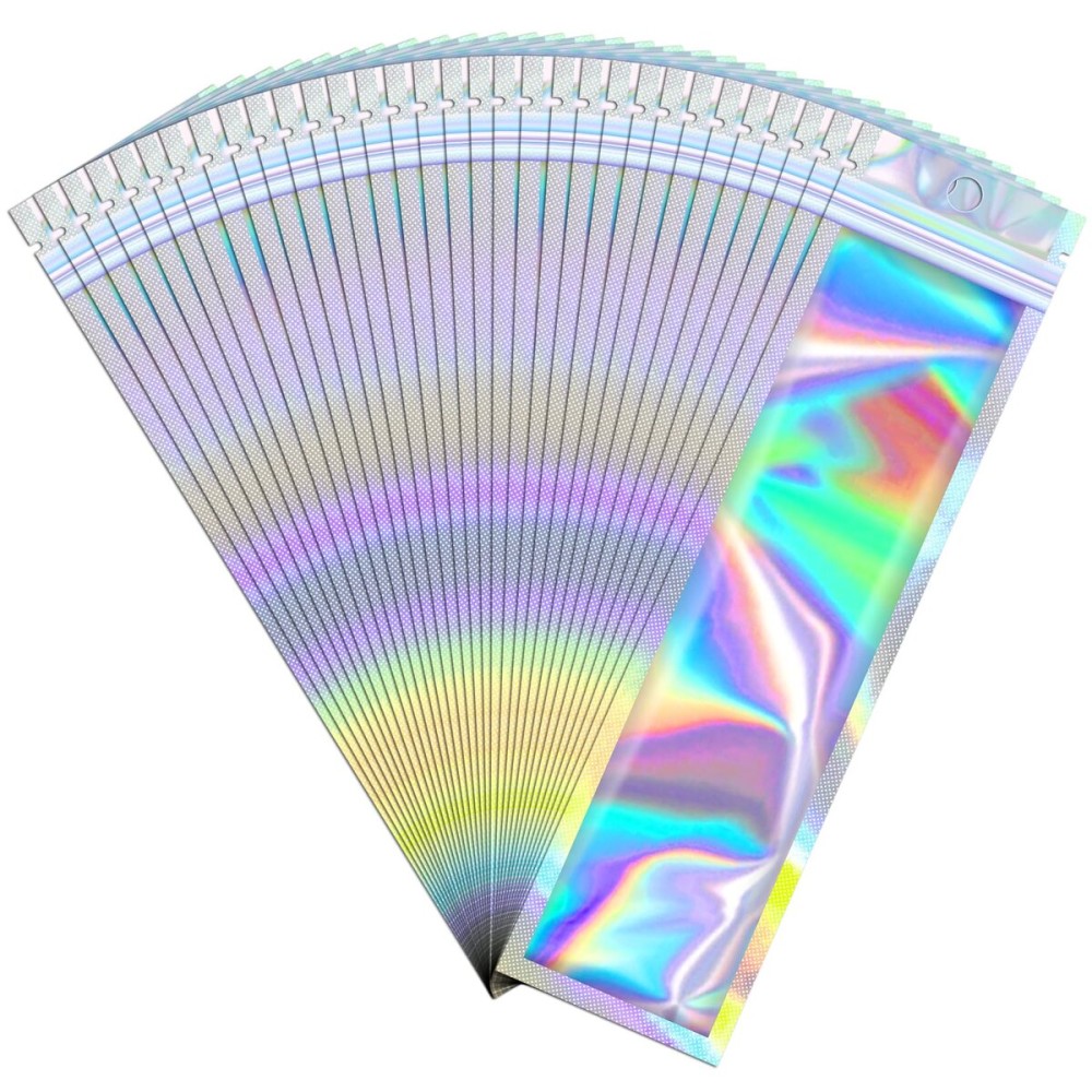 JETMORE 100 Pcs Mylar Bags - Holographic, Smell Proof, Resealable with Clear Window - Sealable for Pen, Brushes, Jewelry, Candy, Necklaces (2.4x9in)