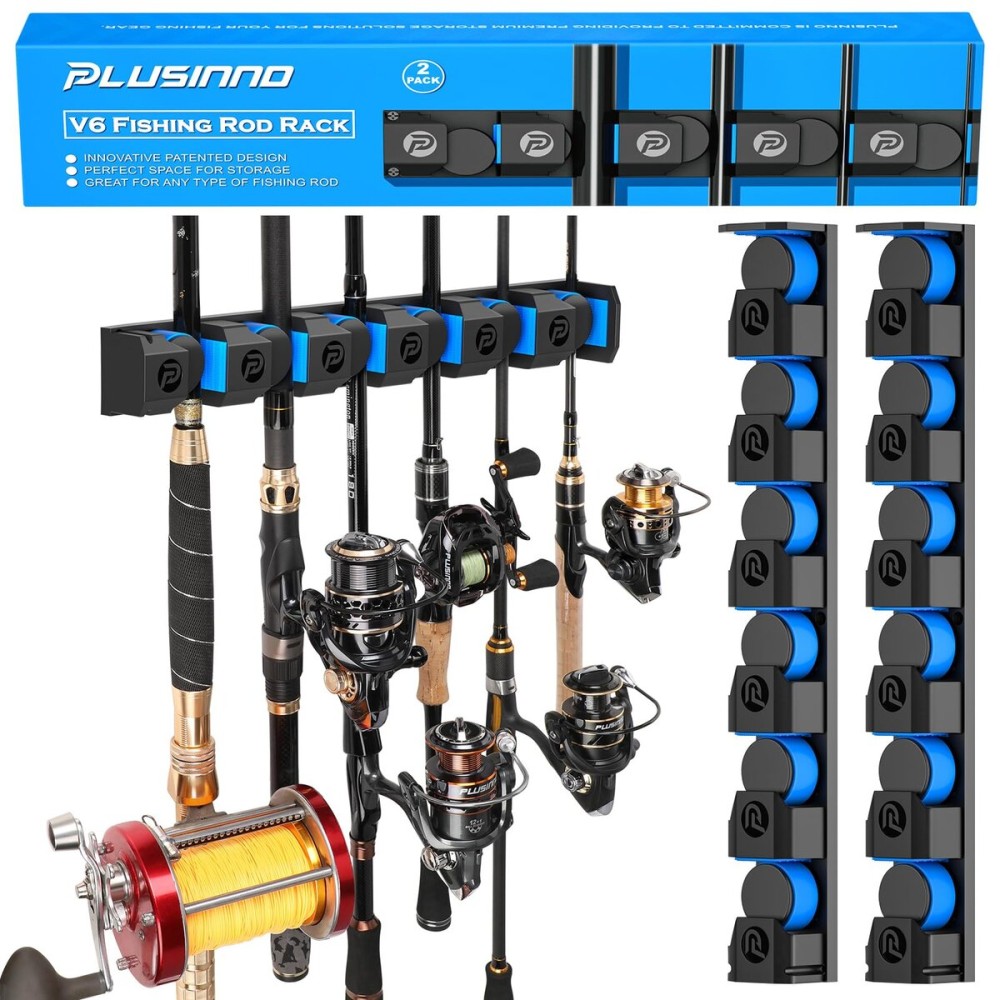 PLUSINNO Fishing Gifts for Men - V6 Vertical Fishing Rod/Pole Holders, Support Extra Large & Heavy Fishing Rod Combos, Fishing Rod Holders for Garage, Wall Mounted Fishing Rod Rack Storage
