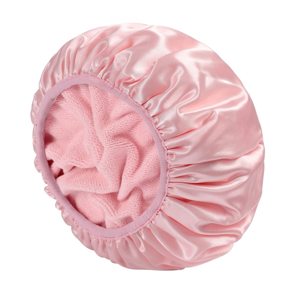 YIZIJIZI Terry Lined Shower Cap,Triple Layer Large Cap for Women,Shower Cap Reusable Waterproof,Long Thick Hair(Pink)