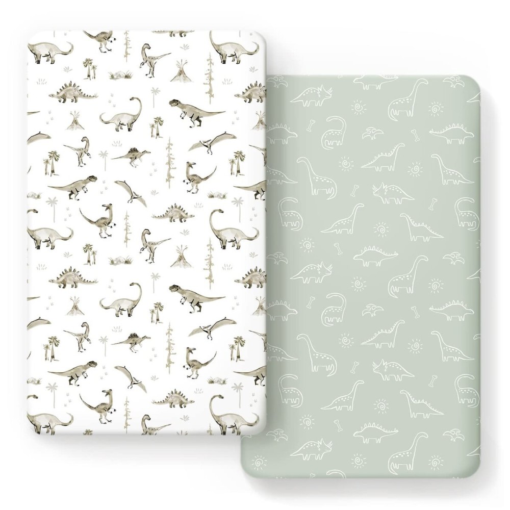 GRSSDER Stretch Ultra Soft Jersey Knit Fitted Crib Sheets Set 2 PackFit All Standard Crib Mattress Pads Safe and Snug, Crib Fitted Sheet for Baby, Dinosaur