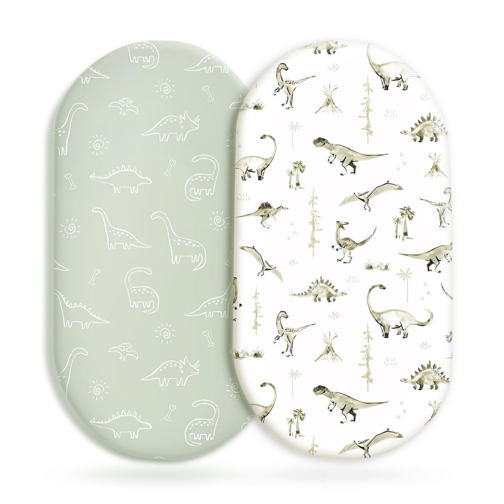 Stretch Ultra Soft Fitted Bassinet Sheet Set 2 Pack, Universal Fit for Bassinets Baby Cradle Moses Basket Oval Rectangle Mattress Safe and Snug, Dinosaur