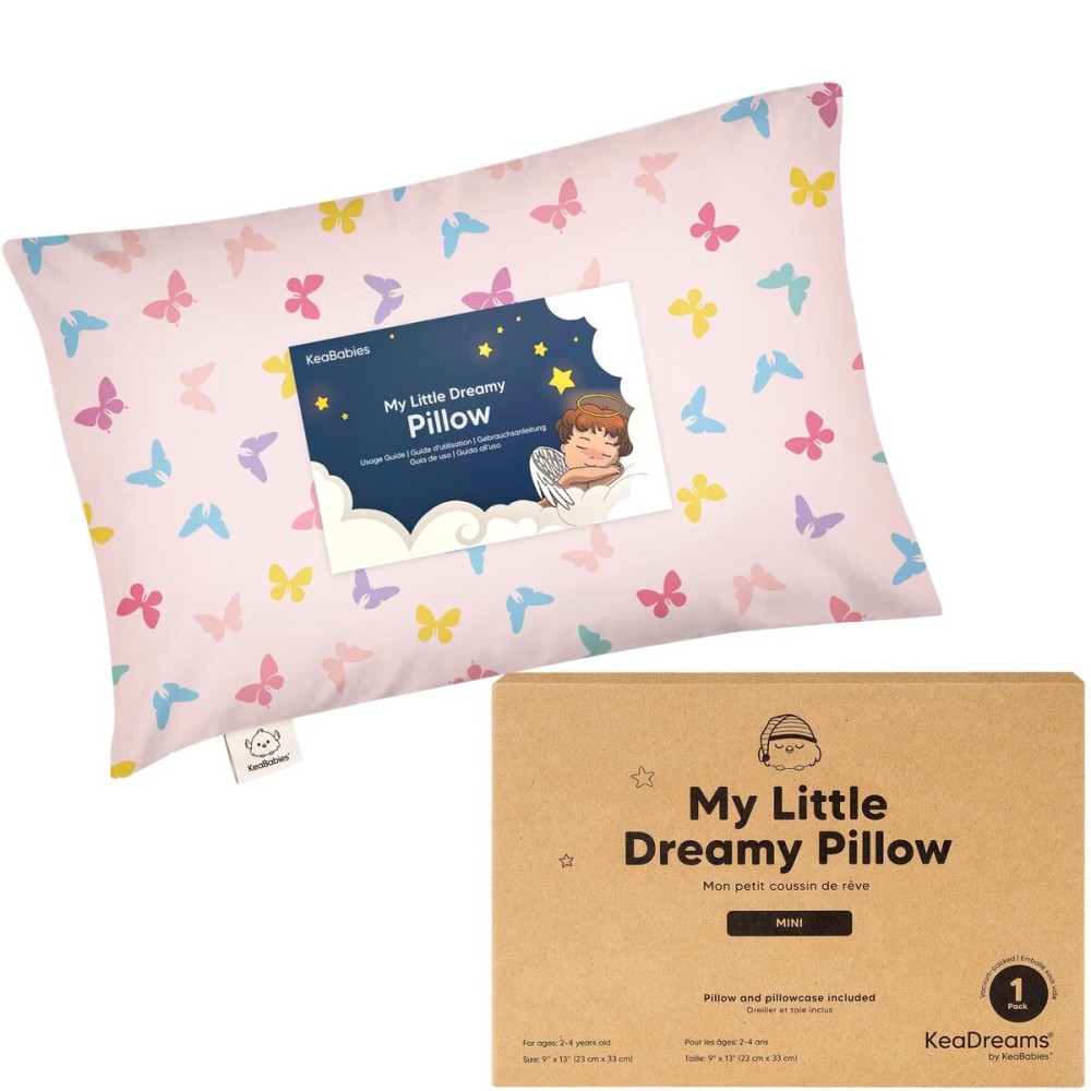 Mini Toddler Pillow with Pillowcase - 9x13 My Little Dreamy Travel Kids Pillow for Sleeping, Toddler Bed, Small, Tiny, Organic Cotton Pillowcase, Soft & Breathable, Kids 2-4 Years Old (Flutter)