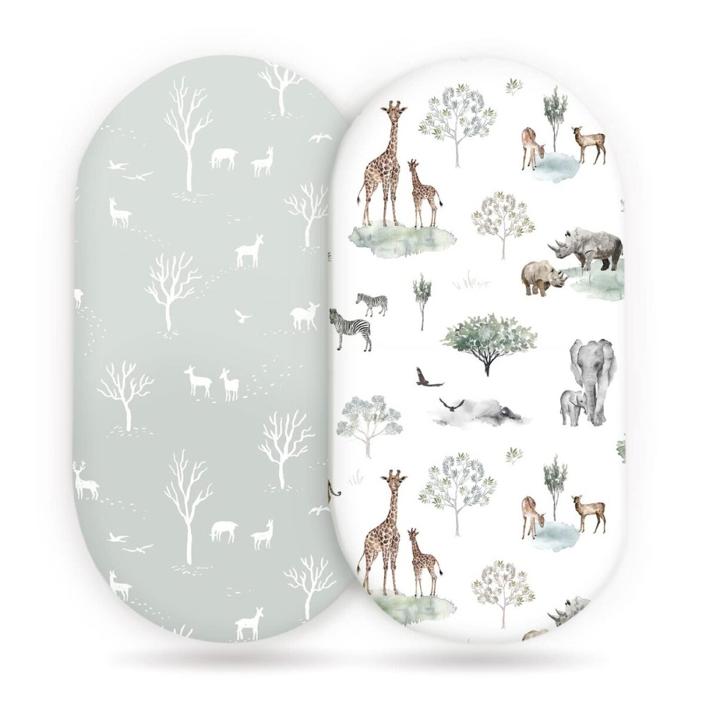 Stretch Ultra Soft Fitted Bassinet Sheet Set 2 Pack, Universal Fit for Bassinets Baby Cradle Moses Basket Oval Rectangle Mattress Safe and Snug, Pretty African Savannah Animals Pattern