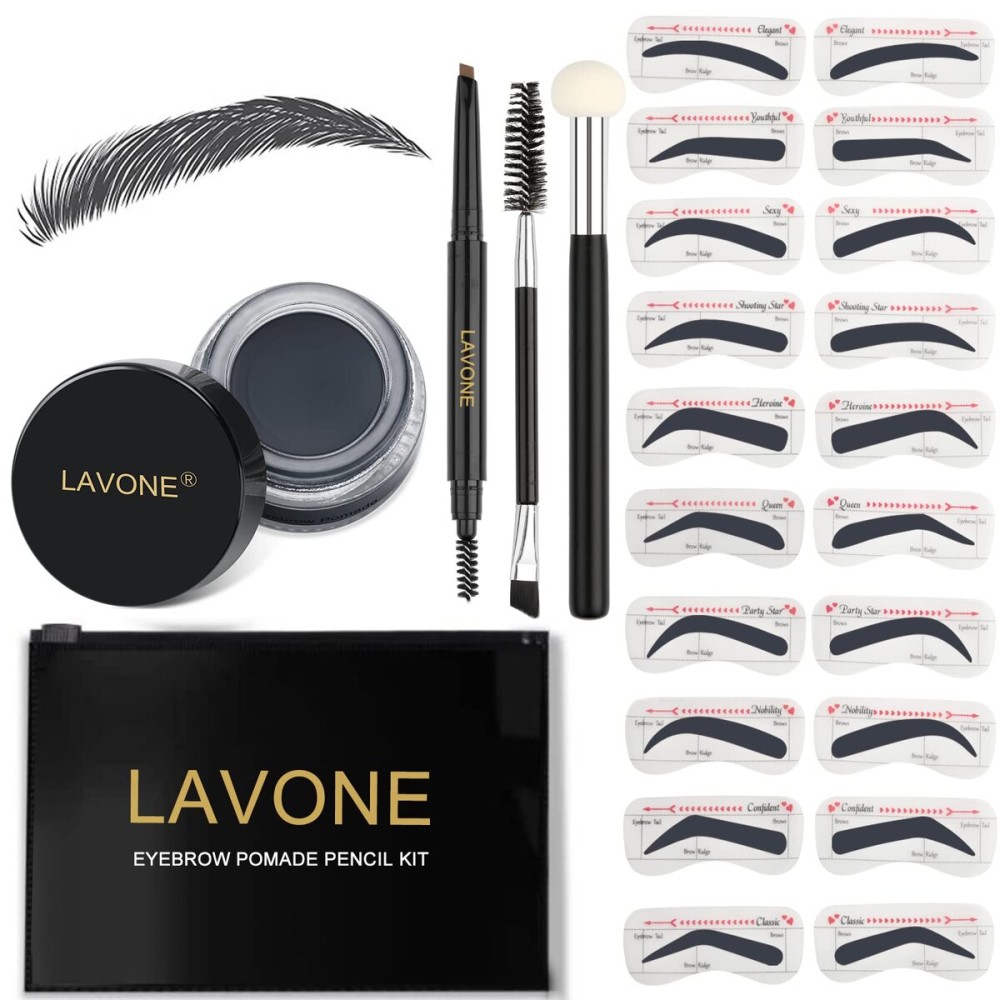 LAVONE Eyebrow Stamp Stencil Kit - Brow Stamp Trio with Waterproof Pencil, Pomade, 20 Stencils, Dual-ended Brush and Sponge Applicator - Dark Black