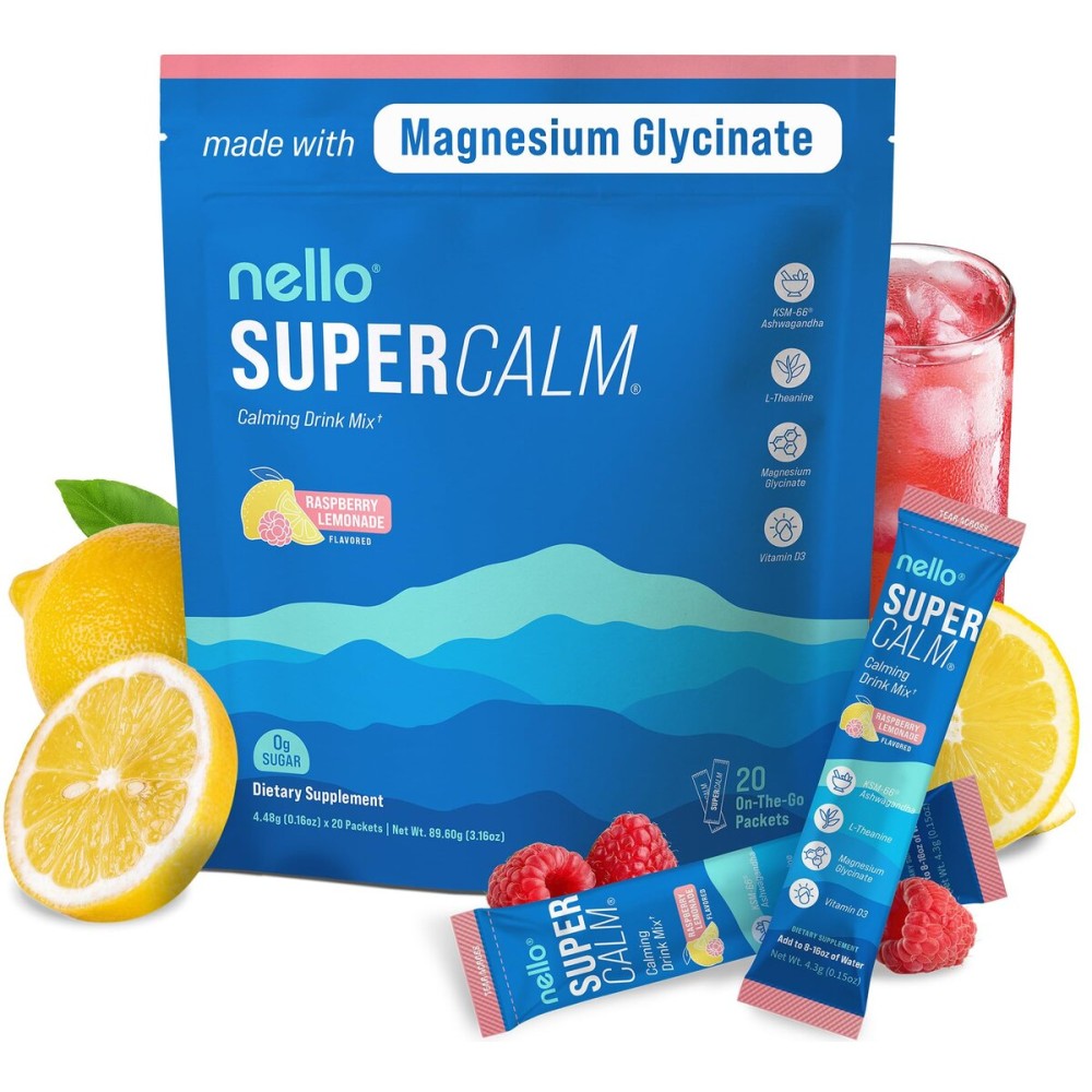 Nello Supercalm Powdered Drink Mix, Cortisol Reducer and Sleep Aid Supplement, L Theanine, Ksm-66 Ashwagandha, Magnesium Glycinate, Vitamin D 3, No Sugar, Non GMO, On The Go, 20 Ct, Raspberry Lemonade