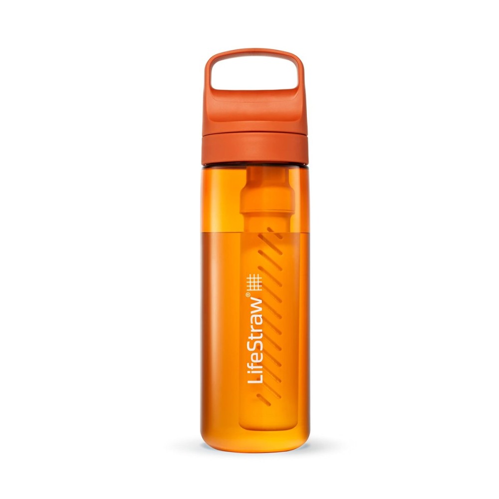 LifeStraw Go Series - BPA-Free Water Filter Bottle for Travel and Everyday use removes Bacteria, parasites and microplastics, Improves Taste, 22oz Kyoto Orange