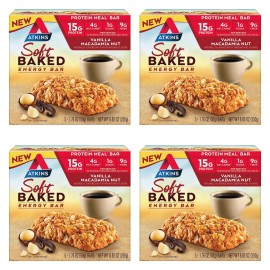 Atkins Vanilla Macadamia Nut Flavored Soft Baked Energy Bars, High in Protein, Low Sugar, High Fiber Snack, Protein Snack, 4 Packs (4 Bars Each)