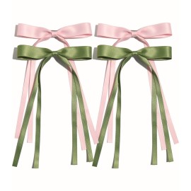 Hair Clips with Tassels, Ribbons and Bowknots - 4pcs Long Tail Claw Clips with Bows for Women and Girls, Solid Barrettes Hair Accessories (Pink Green)