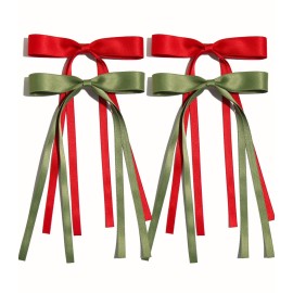 Tassel Ribbon Bowknot Hair Clips with Long Tails for Women and Girls, Solid Barrettes and Claw Clips with Bows for Long Hair (Red Green)