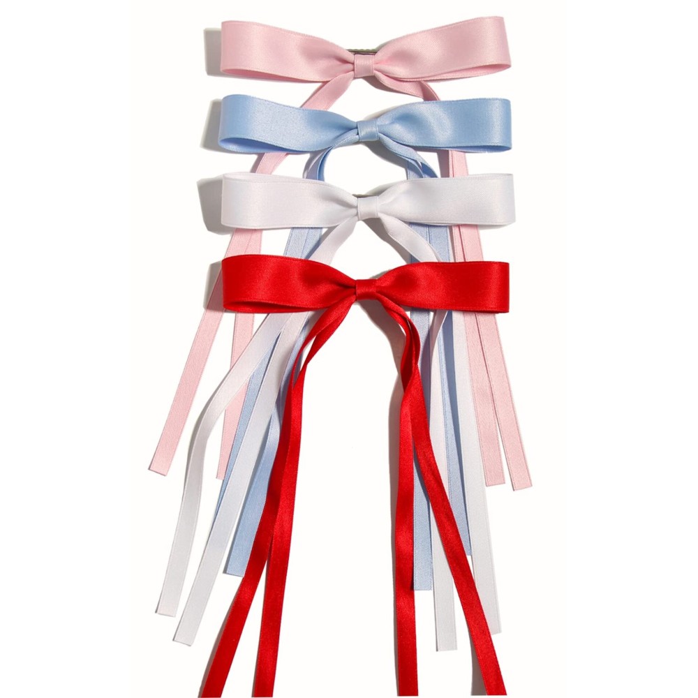 Women\'s Hair Clips with Tassels, Ribbon Bowknot & Long Tails - 4pcs Barrettes Claw Clips with Bows (Pink, Light Blue, White, Red)