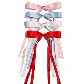 Women\'s Hair Clips with Tassels, Ribbon Bowknot & Long Tails - 4pcs Barrettes Claw Clips with Bows (Pink, Light Blue, White, Red)