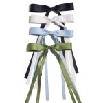 LFOUVRE 4pcs Hair Clips for Women Tassel Ribbon Bowknot with Long Tail, Clip Girl, Solid Accessories Barrettes Claw Bow (Navy White Light Blue Green), Pack of 1