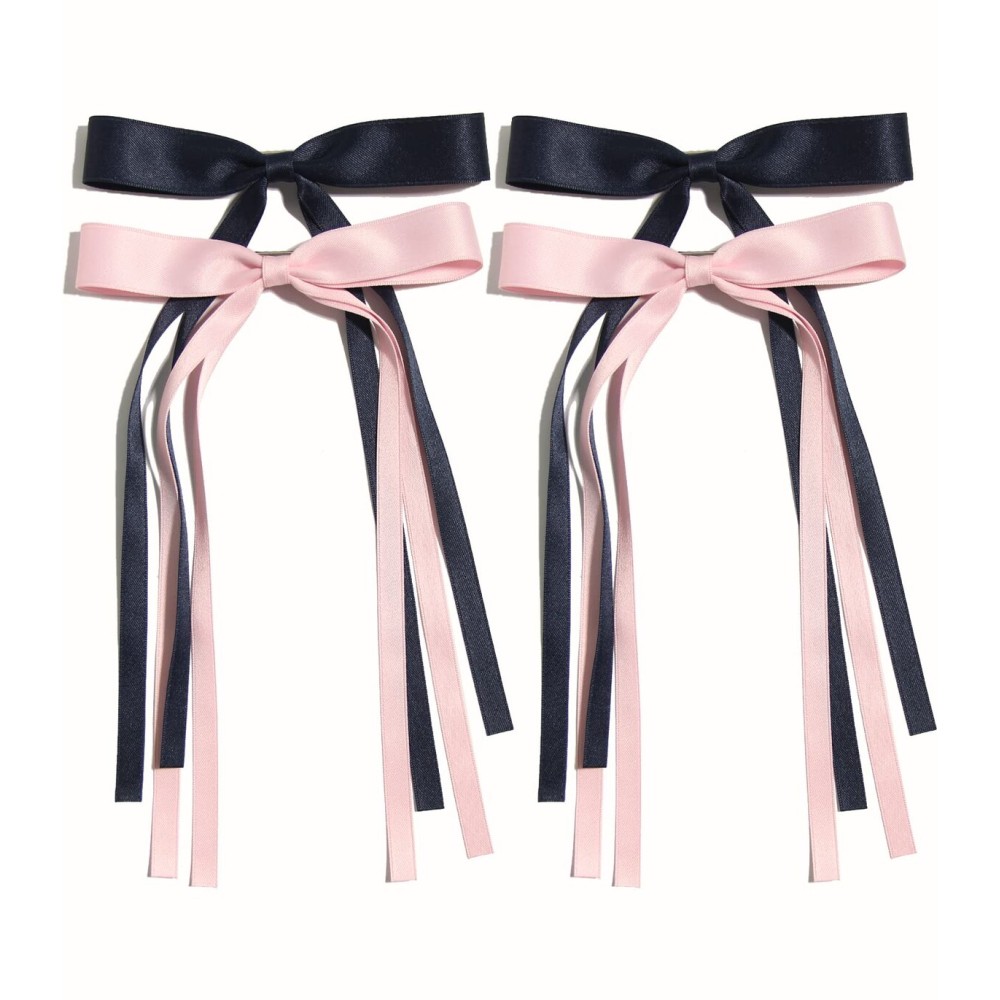4pcs Tassel Ribbon Bowknot Hair Accessories with Long Tails, Solid Barrettes Claw Clips with Bows for Girls and Women (Navy Pink)