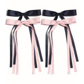 4pcs Tassel Ribbon Bowknot Hair Accessories with Long Tails, Solid Barrettes Claw Clips with Bows for Girls and Women (Navy Pink)