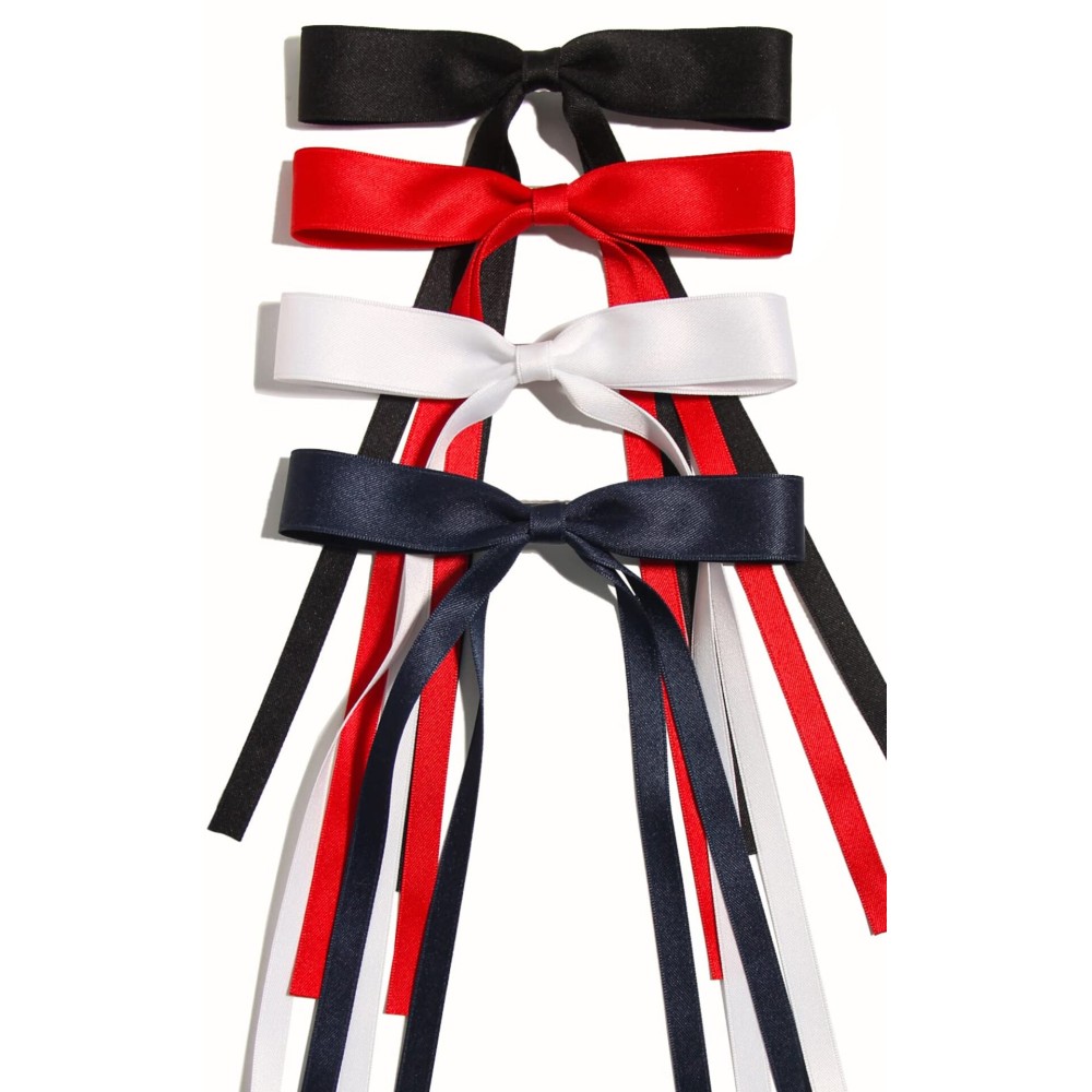 Tassel Bowknot Hair Clips for Women - 4pcs Barrettes with Long Tails in Black, Red, White and Navy