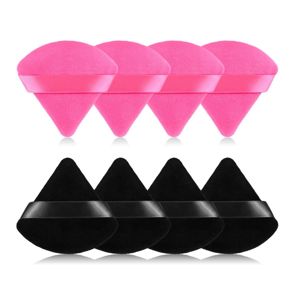 RAREIUS 8pcs Triangular Powder Puff Face Soft Velvet Makeup Puff for Loose Powder Body Powder Makeup Sponge for Contouring Wet Dry Foundation Blender Sponge Beauty Makeup Tool.(Black&Rose Red)