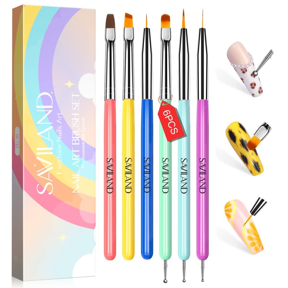 SAVILAND 6PCS Nail Art Brushes Set - Multifunctional Nail Brushes for Nail Art Nail Design Brush Gel Nail Brush for Nail Extension Nail Art Liner Brush 3 Sizes Dotting Tools for DIY Christmas Gift