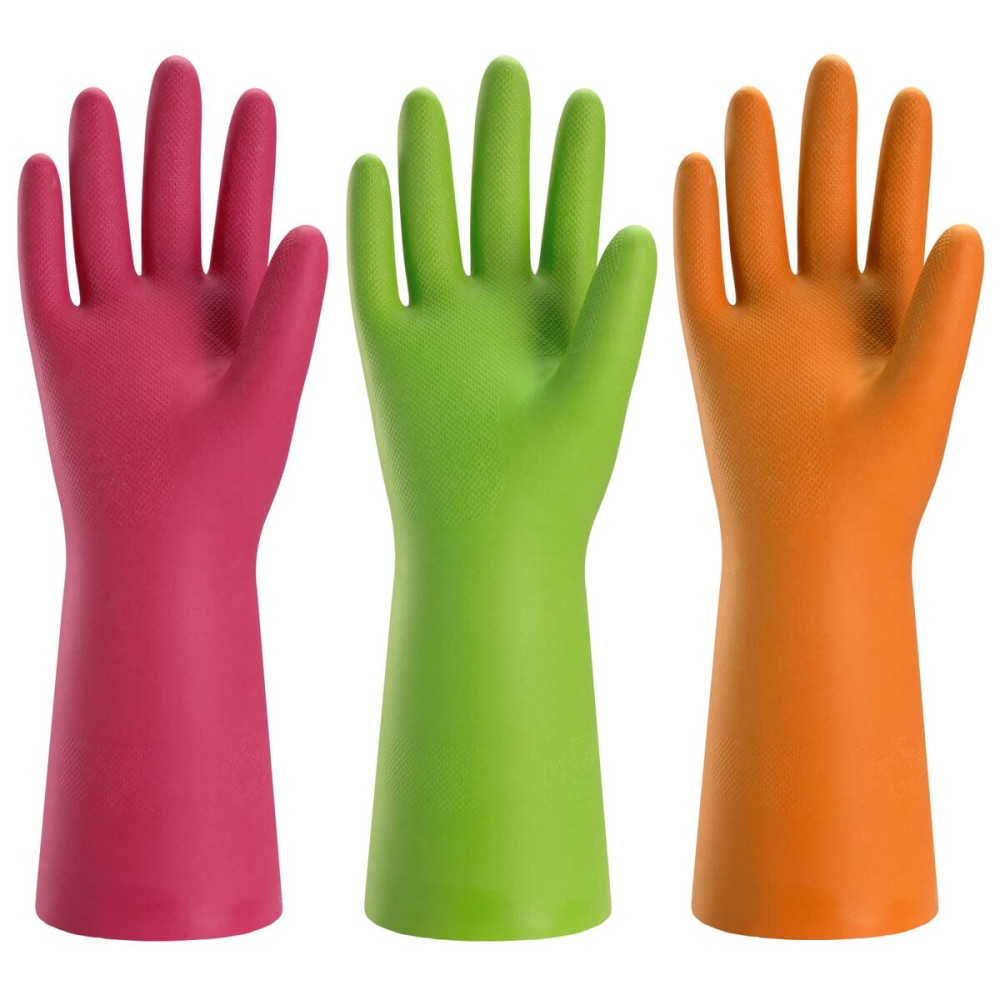Bamllum 3 Pairs Rubber Cleaning Gloves for Household - Reusable Dishwashing Gloves for Kitchen, Flexible Long-lasting & Waterproof (Small, Green+Red+Orange)